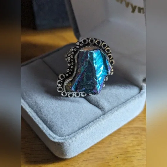 925 Sterling Silver Statement Ring Iridescent PeacocK Ore Stone Ring, Size 6.5‎ - Picture 5 of 6
